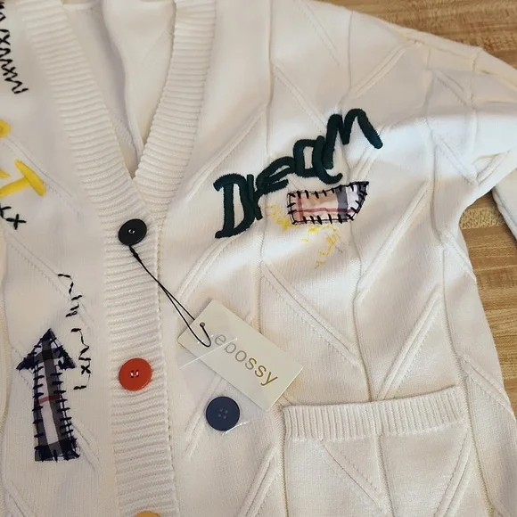 EBOSSY Women’s Cable Knit Long Sleeve Embroidered Cardigan, size L - Picture 4 of 12